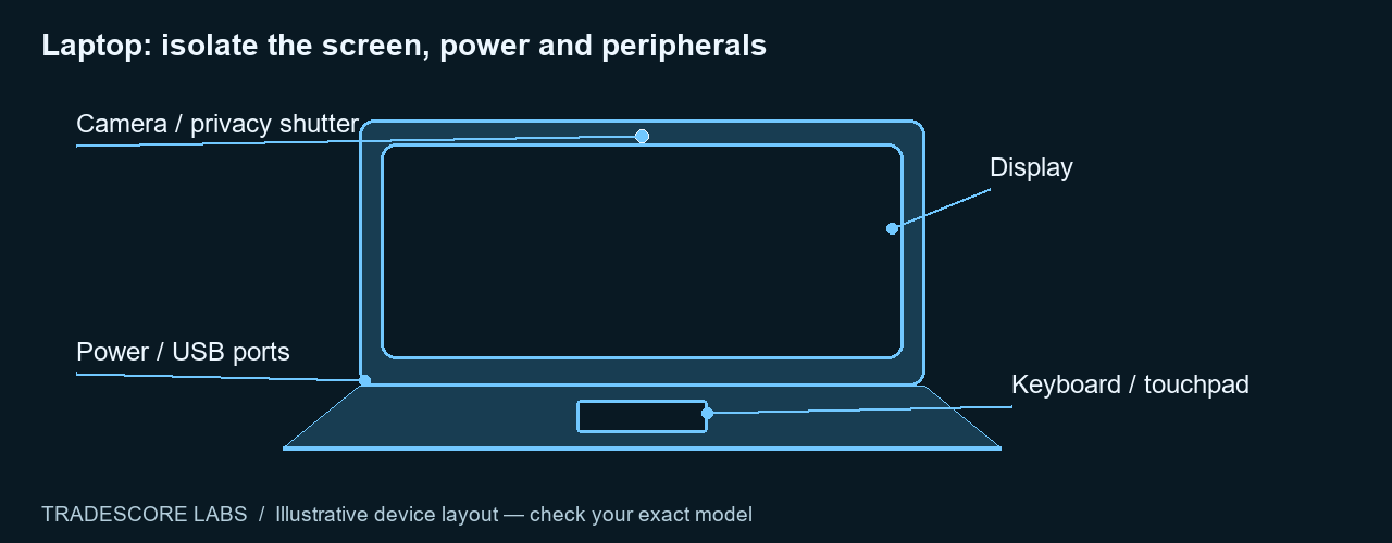 Laptop: isolate the screen, power and peripherals