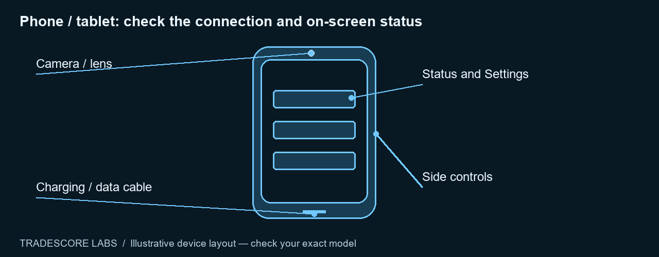 Phone / tablet: check the connection and on-screen status