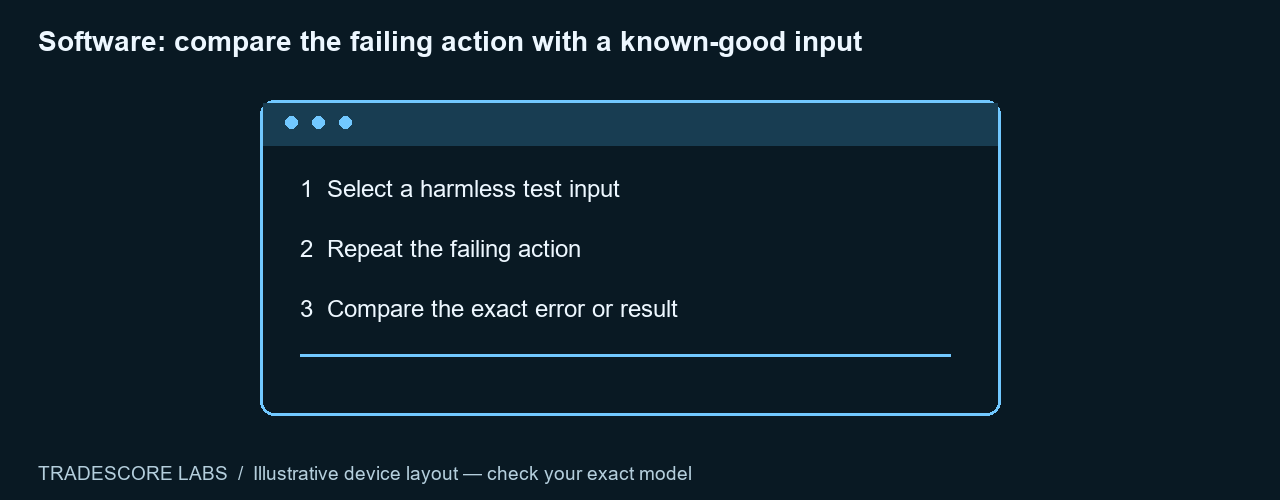 Software: compare the failing action with a known-good input